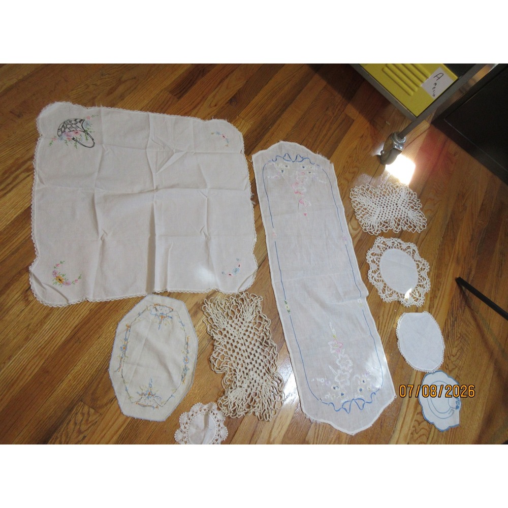 Vintage Embroidered Linen Lot Table Runner Crochet Lace Doilies Floral 10pc Set